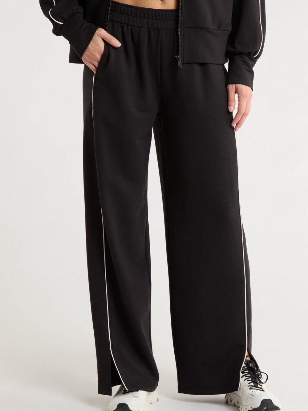 NWT Z by Zella cozy Black Wide-Leg Track Pants with White Piping